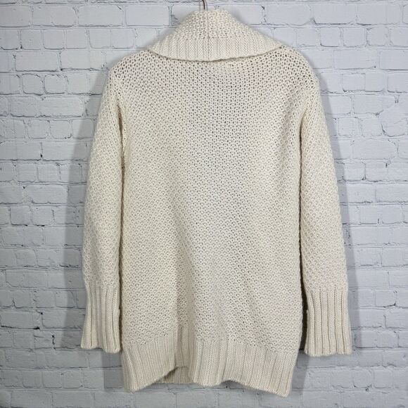 Wool Cardigan Women Medium Ivory Long Cable Knit Open Front Cottage Sweater - Picture 2 of 11
